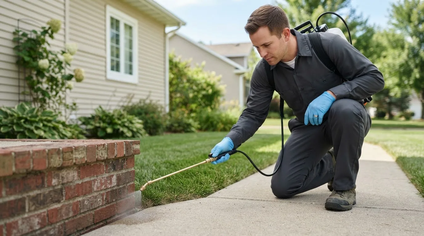 Pest control technician treating a home near Bascom, FL